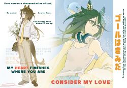 1girl absurdres animal_ears bag black_hair brown_eyes brown_hair brown_pants brown_shoes cardigan closed_mouth collared_shirt commentary ear_covers english_commentary hair_between_eyes headphones headphones_around_neck highres horse_ears horse_girl horse_tail long_hair multicolored_hair necktie pants peemy shirt shoes shoulder_bag smile stay_gold_(umamusume) streaked_hair string string_of_fate tail tank_top umamusume white_hair white_shirt white_tank_top yellow_cardigan yellow_necktie 