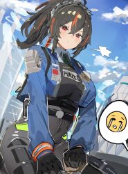  1girl black_gloves black_hair black_pants blue_jacket breasts commentary_request day gloves hairband high-waist_pants highres jacket large_breasts looking_at_viewer metal_hairband multicolored_hair pants police police_badge police_uniform policewoman ponytail red_eyes red_streaks solo spoken_emoji streaked_hair the_olphy zenless_zone_zero zhu_yuan 