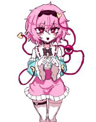  1girl :d adapted_costume aqua_shirt black_bow black_bowtie black_hairband blush bow bowtie buttons collared_shirt commentary_request detached_sleeves disembodied_linked_eye eyeball four-finger_heart_hands frilled_shirt_collar frilled_skirt frilled_sleeves frills hair_ornament hairband heart heart_button heart_hair_ornament heart_hands highres komeiji_satori korean_commentary looking_at_viewer open_mouth pink_eyes pink_hair pink_skirt rampa93 ribbon-trimmed_collar ribbon_trim shirt skirt smile solo thigh-highs touhou white_thighhighs wide_sleeves 