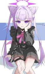  1girl :p absurdres arm_behind_back artist_name black_choker black_nails black_ribbon black_shirt black_skirt blue_archive blue_background blush bow-shaped_hair brooch chinese_commentary choker closed_mouth commentary_request cone_hair_bun dated demon_girl demon_wings detached_sleeves double_bun eyelashes feet_out_of_frame fishnet_thighhighs fishnets frilled_shirt frills gankutsuouxd hair_bun hair_ornament hairclip halo hand_on_own_cheek hand_on_own_face hand_up heart heart_brooch heart_hair_ornament highres jewelry jirai_kei karen_(blue_archive) long_hair looking_ahead looking_at_viewer low_wings miniskirt multicolored_nails nail_polish parallel_hairclips pink_nails pink_ribbon pleated_skirt pointy_ears purple_hair purple_halo ribbon shadow shirt sidelighting sidelocks simple_background single_thighhigh single_wing sitting skirt sleeveless sleeveless_shirt slit_pupils smile solo split_mouth straight_hair thigh-highs thighs tongue tongue_out tsurime twintails two-tone_background two-tone_nails very_long_hair violet_eyes white_background wings 