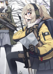  2girls ahoge ammunition_pouch black_scarf blonde_hair blue_archive bulletproof_vest bullpup commentary_request glasses green_eyes green_jacket grey_hair gun halo handgun hare_(blue_archive) hare_(camp)_(blue_archive) hat highres holding holding_gun holding_weapon jacket kel-tec_rfb kotama_(blue_archive) kotama_(camp)_(blue_archive) long_hair long_sleeves multiple_girls official_alternate_costume open_clothes open_jacket pantyhose ponytail pouch purple_halo rifle scarf school_uniform sekino_takehiro tactical_clothes tactical_school_uniform violet_eyes weapon white_hat yellow_jacket 