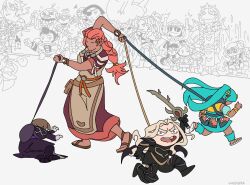  anatolia_(fire_emblem) bertrand_(fire_emblem) blonde_hair bonaventure_satornio braid brown_hair cai_castor dietrich_gregor_lamine dzeograd eshmel_(pale_raven)_(fire_emblem) esmeralda_sinza fabio_gil_toro_alvarez female_eshmel_(fire_emblem) fire_emblem fire_emblem:_fortune's_weave green_hair hair_ornament hairclip highres holding holding_leash holding_sword holding_weapon hong_hua_(fire_emblem) leash leda_(fire_emblem) lilian_tabitha long_hair lysander_kleitos male_eshmel_(fire_emblem) mikaela_ogosto multiple_hairclips orange_hair orchel_(fire_emblem) peter_(fire_emblem) ponytail single_braid solel_(fire_emblem) sword talimun_vandahl tan theodora_sergio_savangren tialla_august tobias_(fire_emblem) weapon 