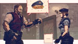  ... 1boy 1girl barry_burton beard beret black_gloves blue_shirt border breasts brown_hair commentary cowboy_shot dagger english_commentary facial_hair fingerless_gloves food gloves hat jill_valentine knife medium_breasts military_uniform open_mouth police police_uniform red_vest resident_evil resident_evil_1 sandwich shirt short_hair shoulder_pads smile spoken_ellipsis vest vitaliy_shushko weapon white_border white_shirt 