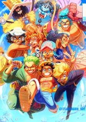  2girls 6+boys afro antlers arm_tattoo black_hair black_suit blonde_hair blue_eyes blue_hair blue_skin brook_(one_piece) cigarette colored_skin commentary earrings facial_hair franky_(one_piece) full_body goatee green_hair green_kimono hand_in_pocket headphones highres horns itsadragon_art japanese_clothes jewelry jinbe_(one_piece) jumping kimono long_hair looking_at_viewer monkey_d._luffy multiple_boys multiple_girls nami_(one_piece) nico_robin one_piece orange_hair outdoors reindeer_antlers roronoa_zoro sanji_(one_piece) scar scar_on_chest short_hair skeleton smile straw_hat_pirates suit sunglasses tattoo tony_tony_chopper usopp 