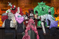 >_< 1other 2boys 5girls absinthe alriune apron bar_(place) beer_mug black_pants black_vest blue_hair bottle breasts charon_(project_moon) charon_(project_moon)_(cosplay) commentary_request cosplay cup dark-skinned_female dark_skin extra_arms extra_eyes fairy_gentleman_(project_moon) faust_(project_moon) faust_(project_moon)_(cosplay) force_(4sk_force) funeral_of_the_dead_butterflies grey_hat hat holding holding_cup indoors king_of_greed korean_commentary large_breasts lcb_uniform_(project_moon) limbus_company little_red_riding_hooded_mercenary lobotomy_corporation long_hair melting_love monster_girl mug multiple_boys multiple_girls nothing_there pants personification pink_hair project_moon queen_of_hatred serving_dome shako_cap shirt sitting slime_girl two_side_up very_long_hair vest white_apron white_shirt wine_bottle 