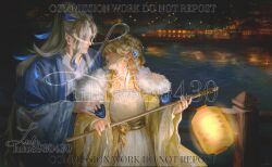  1boy 1girl architecture blonde_hair blue_gem blue_hair chinese_clothes commentary_request commission couple dress drill_hair drill_sidelocks earrings east_asian_architecture festival fur_trim gem genshin_impact hair_bun hand_on_another's_shoulder hetero highres holding holding_staff jewelry lantern lantern_festival lluluchwan long_hair multicolored_hair navia_(genshin_impact) neuvillette_(genshin_impact) outdoors paper_lantern pointy_ears ponytail sidelocks single_earring single_hair_bun sky_lantern staff streaked_hair white_hair 
