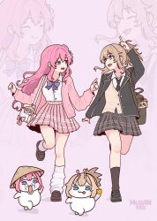  4girls artist_name bag blonde_hair blue_eyes bow bowtie cardigan creature doro_(nikke) dorothy_(nikke) full_body goddess_of_victory:_nikke hair_bun hair_intakes highres jacket loafers long_hair long_sleeves multiple_girls musan_pro open_clothes open_mouth pink_hair pink_skirt pinne_(nikke) plaid_clothes plaid_skirt pleated_skirt ponytail purple_ribbon ribbon school_bag school_uniform shiny_eyes shirt shoes single_side_bun skirt smile white_shirt zoom_layer 