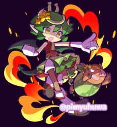 1girl alternate_costume animal black_background black_shirt boar boots clenched_hand commentary_request draco_centauros dragon_girl dragon_horns dragon_tail dragon_wings fang fire flower food fruit gloves green_hair green_skirt green_wings hair_flower hair_ornament halter_shirt halterneck horns leaf_tail official_style outstretched_arm pantyhose pimyuhuwa pointing pointy_ears puyopuyo puyopuyo_quest red_sash sash shaded_face shirt short_hair shorts simple_background skirt sleeveless sleeveless_shirt standing standing_on_one_leg tail twitter_username uribou_(puyopuyo) v-shaped_eyebrows v-shaped_eyes watermelon white_boots white_gloves white_shorts wings yellow_eyes yellow_flower 