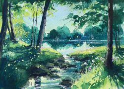  fireflies flower gouache_(medium) grass highres kate_avery no_humans original outdoors painting_(medium) purple_flower reflection reflective_liquid river scenery traditional_media tree yellow_flower 
