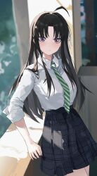  1girl absurdres ahoge awa_subaru black_hair blurry blurry_background blush closed_mouth collared_shirt commentary_request cowboy_shot eimizzzzz girls_band_cry green_necktie hair_between_eyes highres long_hair long_hair_between_eyes looking_at_viewer necktie outdoors plaid_clothes plaid_skirt ribbon school_uniform shirt shirt_tucked_in sidelighting skirt solo standing upper_body violet_eyes white_ribbon white_shirt 