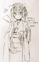  1girl 2018 animal_ears blush cat_ears cat_girl closed_mouth cowboy_shot dot_nose flower hagoita hair_between_eyes hair_flower hair_ornament hane_(hanetsuki) hanetsuki happy_new_year heripiro japanese_clothes kimono knees_out_of_frame lineart long_hair long_sleeves looking_at_another monochrome new_year original paddle photo_(medium) simple_background sketch smile solo v-neck white_background 