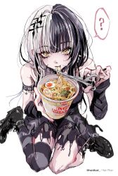  1girl ? artist_name black_boots black_dress black_hair black_leg_warmers black_nails boots commentary dress eating egg english_commentary food food_in_mouth hair_ornament hanillust highres holding holding_scissors hololive hololive_english invisible_floor leg_warmers long_hair looking_at_viewer multicolored_hair nissin_cup_noodle no_jacket noodles scissors shiori_novella simple_background single_thighhigh sitting sketch solo speech_bubble split-color_hair spoken_question_mark striped_clothes striped_thighhighs thigh-highs two-tone_hair virtual_youtuber wariza white_background white_hair yellow_eyes 