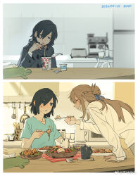  2girls absurdres age_progression bddd777 black_coat black_hair blue_eyes blue_shirt blush braid brown_hair chicken_(food) chinese_commentary closed_eyes coat commentary_request cup dated eating espresso_machine feeding food food_on_face fried_chicken grin half_up_braid highres instant_cup_noodles instant_noodles long_hair looking_at_another miyagi_shiori multiple_girls noodles plate sendai_hazuki shirt short_hair shuuniichido_classmate_wo_kau_hanashi smile stuffed_animal stuffed_crocodile stuffed_toy tissue_box toaster watermark weibo_watermark white_shirt 