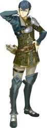  1boy arm_behind_head armor arrow_(projectile) belt blue_eyes blue_hair brown_belt closed_mouth expressionless fire_emblem fire_emblem_echoes:_shadows_of_valentia full_body hidari_(left_side) highres leg_armor long_sleeves looking_at_viewer official_art python_(fire_emblem) short_hair shoulder_armor solo transparent_background 