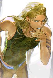  1boy absurdres bare_shoulders belt blonde_hair brown_pants commentary_request green_eyes green_tank_top gyro_zeppeli hand_on_own_chin hand_on_own_face hand_on_own_hip highres jiko7777_null jojo_no_kimyou_na_bouken korean_commentary long_hair looking_at_viewer male_focus male_underwear male_underwear_peek nipple_zipper pants simple_background solo standing steel_ball_run tank_top teeth underwear white_background 
