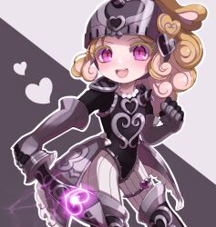  1girl armor armored_boots blade_brenda blonde_hair boots commentary_request curly_hair hair_ornament heart heart_background heart_print helmet highres holding_blade long_hair magical_girl mahou_shoujo_ikusei_keikaku mahou_shoujo_ikusei_keikaku_aces multicolored_hair open_mouth pink_eyes pink_hair qoo_1025 smile 