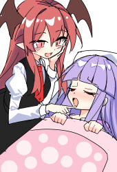  2girls absurdres black_skirt black_vest blush closed_eyes collared_shirt commentary_request demon_wings e.o. hand_on_another's_face hand_on_own_cheek hand_on_own_face head_wings highres juliet_sleeves koakuma long_hair long_sleeves missing_headwear multiple_girls necktie open_mouth patchouli_knowledge pointy_ears puffy_sleeves purple_hair red_eyes red_hair red_necktie shirt skirt skirt_set sleeping smile touhou under_covers vest white_shirt wings yuri 