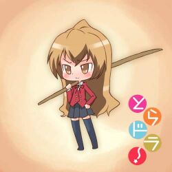  1girl 2000s_(style) aisaka_taiga black_skirt black_thighhighs blush brown_eyes brown_hair buttons chibi chibi_only closed_mouth commentary_request copyright_name full_body holding holding_stick itatti jacket long_hair looking_afar lowres oohashi_high_school_uniform pleated_skirt red_jacket school_uniform skirt solo stick thigh-highs toradora! v-shaped_eyebrows 