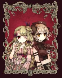  2girls absurdres animal_print bird_print black_dress blonde_hair bow butter_run closed_mouth commentary_request dress eyepatch grey_hair hair_ornament hat highres long_hair magical_girl mahou_shoujo_ikusei_keikaku mahou_shoujo_ikusei_keikaku_restart multiple_girls nurse_cap pfle pink_bow purple_bow red_eyes shadowgale short_hair smile x_hair_ornament yellow_eyes 