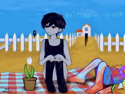  2boys 4423_c antenna_hair artist_name barefoot basil_(headspace)_(omori) basil_(omori) black_eyes black_hair black_socks black_tank_top blood blood_on_clothes blue_overalls blue_sky checkered_blanket closed_mouth collarbone colored_skin commentary_request death double-parted_bangs english_text expressionless fence flower flower_pot grass hair_between_eyes hands_on_own_knees highres house kneehighs knees_up lying male_focus multiple_boys omori omori_(omori) on_back outdoors overall_shorts overalls picket_fence picnic_blanket plant potted_plant short_hair shorts sitting sky socks something_(omori) striped_clothes striped_shorts tank_top tulip twitter_username vertical-striped_clothes vertical-striped_shorts white_flower white_shorts white_skin white_tulip wooden_fence 
