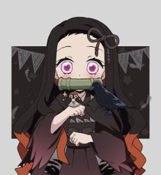  1girl bamboo bird bit_gag black_hair black_kimono blush chuntarou_(kimetsu_no_yaiba) crow forehead gag hair_ornament japanese_clothes kamado_nezuko kimetsu_no_yaiba kimono long_hair long_sleeves multicolored_hair orange_hair pink_eyes pori_(kmt_pori) solo two-tone_hair 