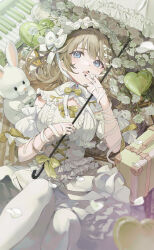  1girl :p alternate_costume balloon bandages black_nails blue_eyes bonnet bow bowtie breasts briefcase brown_hair capelet collar corset detached_sleeves dress falling_petals finger_to_mouth flower frilled_bonnet frilled_collar frilled_dress frilled_headwear frills green_bow green_bowtie hair_between_eyes hair_spread_out hanabusa_lisa heart heart_balloon highres holding holding_umbrella instrument legs_up long_hair looking_at_viewer lying nakashima_(pluscolor) neck_ribbon on_back pantyhose parasol parted_lips petals piano ribbon rose rose_petals solo stuffed_animal stuffed_toy suitcase tongue tongue_out umbrella virtual_youtuber vspo! white_bonnet white_bow white_bowtie white_capelet white_corset white_dress white_flower white_pantyhose white_ribbon white_rose 