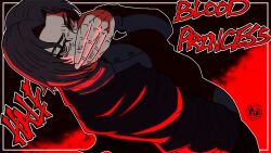  1girl black_background black_cape black_dress black_hair cape commentary dress english_commentary english_text genderswap genderswap_(mtf) grey_eyes hand_on_own_face harry_potter_(series) henshinharrison highres mature_female red_background severus_snape severus_snape_(redteneri) solo wizarding_world 