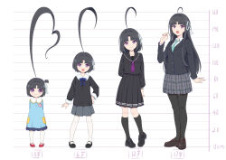  1girl :d absurdres age_progression aged_down ahoge anglediana arm_behind_back awa_subaru black_hair black_jacket black_pantyhose black_sailor_collar black_serafuku black_shirt black_skirt blazer blue_shirt brown_shoes child chinese_commentary closed_mouth commentary_request diagonal-striped_clothes diagonal-striped_necktie girls_band_cry green_necktie grey_skirt hand_up height height_chart highres huge_ahoge jacket kindergarten_uniform long_hair long_sleeves looking_at_viewer miniskirt neckerchief necktie open_mouth pantyhose pleated_skirt purple_neckerchief sailor_collar sailor_shirt school_uniform serafuku shirt shoes short_hair skirt smile standing striped_clothes striped_necktie violet_eyes 