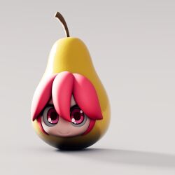  1girl blender_(medium) closed_mouth food fruit hair_between_eyes head_only highres kasane_teto kasane_teto_(utau) looking_at_viewer meme pear pearto red_eyes red_hair shiny_eyes sidelocks simple_background smile solo sonnick3d utau white_background 