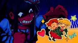  1boy 2girls abstract_background absurdres beatrice_(umineko) blonde_hair blue_dress blue_eyes blue_hair blunt_bangs candy chibi clenched_teeth closed_eyes colorful commentary crazy_smile crying dark dark_persona dress english_commentary evil_smile floating floating_object food foreshortening furudo_erika green_dress happy heart high_contrast highres hug large_hands long_hair multiple_girls outline paper_cutout reaching reaching_towards_viewer red_dress red_hair shaded_face short_hair skyshoesy smile spiky_hair sticker tears teeth twintails umineko_no_naku_koro_ni updo ushiromiya_battler wavy_background white_outline 