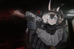  1girl aiming ammunition_pouch artist_name assault_visor black_gloves black_hair black_vest blue_eyes broken_horn bulletproof_vest combat_helmet commentary english_commentary escape_from_tarkov gloves grey_jacket gun helmet highres horns indoors jacket kriss_vector long_hair mik0h1me original pouch smirk solo submachine_gun suppressor tactical_clothes twitter_username vest weapon 