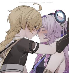  1boy 1girl aether_(genshin_impact) ahoge arm_armor bare_shoulders blonde_hair blush braid breasts brown_shirt citlali_(genshin_impact) colored_eyelashes commentary_request facial_mark feathers floating_headgear forehead_mark genshin_impact gloves hair_intakes hair_ornament headgear hetero highres imminent_kiss kabedon leotard long_hair low-braided_long_hair low-tied_long_hair midriff miya_hayashi_(ummd7854) multicolored_hair pink_feathers pink_hair purple_feathers ribbed_leotard ring_hair_ornament romper scarf shirt single_braid triangle triangle_facial_mark turtleneck turtleneck_leotard twin_braids white_romper white_scarf yellow_eyes 