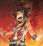  1girl belt bow dan_(orange_train) fire green_eyes hair_bow heart idolmaster laughing solo zoom_layer 