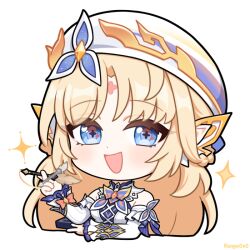  1girl :d afterimage arm_under_breasts artist_name beret blonde_hair blue_eyes blush book bow braid chibi chibi_only commentary_request cropped_torso cross-shaped_pupils detached_sleeves dress ear_ornament eyelashes facial_mark forehead_mark frilled_sleeves frills genshin_impact hand_up hat holding holding_book holding_pen jiu_fanglianhua long_hair long_sleeves looking_at_viewer motion_lines multicolored_eyes nicole_(genshin_impact) open_mouth parted_bangs pen pointy_ears red_bow red_eyes sidelocks simple_background sleeveless sleeveless_dress smile solo sparkle spinning symbol-shaped_pupils upper_body very_long_hair white_background white_dress white_hat white_sleeves 