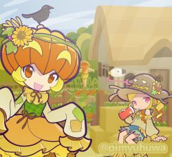  2girls alternate_costume bird blonde_hair blue_shorts brown_eyes brown_hat brown_ribbon brown_shirt brown_shoes carrot closed_mouth commentary_request crow day dot_mouth drill_hair drink drinking_straw farm fence flower frilled_sleeves frills green_vest hat hat_flower hay hay_bale holding holding_drink house jack-o'-lantern jewelry living_clothes long_sleeves medium_hair multiple_girls neck_ribbon necklace official_style open_mouth orange_skirt outdoors patch pimyuhuwa plaid_clothes plaid_vest pumpkin_(puyopuyo) pumpkin_hat puyopuyo puyopuyo_quest red_eyes ribbon scarecrow sharon_(puyopuyo) shirt shoes shorts sitting skirt sleeves_past_fingers sleeves_past_wrists smile standing straw_hat sunflower thatched_roof twitter_username vest weather_vane wooden_fence 