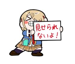  >_< 1girl asngi_1027hana black_socks blonde_hair blue_jacket blush_stickers brown_shoes brown_skirt can't_show_this_(meme) chibi chibi_only closed_eyes commentary_request facing_viewer full_body grin hair_ornament hair_over_one_eye hairclip hands_up heaven_burns_red holding holding_sign jacket kayamori_ruka long_bangs long_sleeves meme necktie one_eye_covered open_clothes open_jacket parallel_hairclips pleated_skirt red_necktie shirt shoes short_hair sign simple_background skirt smile socks solo standing teeth white_background white_shirt 