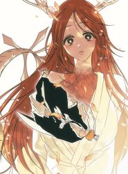  1boy 1girl 2025_tanso black_kimono bleach breasts brown_eyes brown_hair commentary_request dragon_girl dragon_horns dragon_tail falling_petals full_body highres horns inoue_orihime japanese_clothes kimono korean_commentary kurosaki_ichigo large_breasts long_hair orange_hair parted_bangs parted_lips petals sandals scales shihakusho short_hair size_difference tabi tail white_background white_kimono 