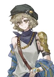  1girl armor bag black_hat blonde_hair blue_coat blue_neckerchief brown_bag brume_(reverse:1999) closed_mouth coat hat highres looking_at_viewer neckerchief newsboy_cap off_shoulder reverse:1999 short_hair shoulder_armor shoulder_bag single_bare_shoulder smile solo tank_top upper_body white_background white_tank_top yellow_eyes youmo_de_liezhi_fangpin 