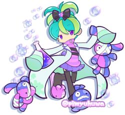  1girl animal_slippers aqua_hair asymmetrical_footwear bandaged_head bandages black_bow black_thighhighs bow bubble bunny_slippers coat commentary_request covered_mouth dalida_(puyopuyo) erlenmeyer_flask flask full_body green_hair hair_bow holding holding_flask holding_stuffed_toy lab_coat long_sleeves miniskirt mismatched_footwear multicolored_hair official_style open_clothes open_coat pimyuhuwa pink_slippers pink_sweater pleated_skirt purple_skirt purple_slippers puyopuyo puyopuyo_quest short_hair simple_background skirt sleeves_past_fingers sleeves_past_wrists slippers solo standing striped_clothes striped_sweater stuffed_animal stuffed_rabbit stuffed_toy sweater thigh-highs topknot twitter_username two-tone_hair violet_eyes walking white_background white_coat 