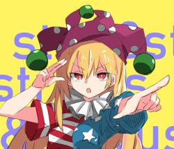  1girl :o american_flag american_flag_print blonde_hair breasts clownpiece commentary_request flag_print foreshortening hair_between_eyes hand_up hat highres jester_cap long_hair looking_at_viewer neck_ruff open_mouth outstretched_arm pointing purple_hat red_eyes short_sleeves solo touhou yellow_background yonnobi 