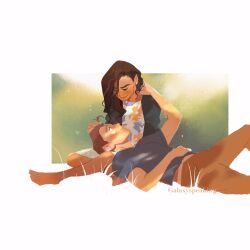  brown_hair commentary couple english_commentary highres lap_pillow long_hair looking_at_another lying marion_bordeyne marvel michelle_"mj"_jones on_back peter_parker relaxing resting short_hair smile spider-man spider-man_(series) tom_holland zendaya 