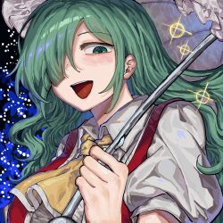  1girl :d ascot black_background breasts collared_shirt green_eyes green_hair hair_over_one_eye highres holding holding_umbrella kazami_yuuka kazami_yuuka_(pc-98) long_hair looking_at_viewer medium_breasts open_clothes open_mouth open_vest parasol puffy_short_sleeves puffy_sleeves red_vest shirt short_sleeves sidelocks smile solo sparkle teeth touhou touhou_(pc-98) umbrella upper_body upper_teeth_only vest white_shirt white_umbrella yellow_ascot yukine_0930 