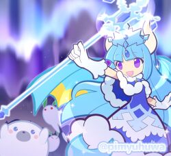  1girl animal aurora blue_capelet blue_dress blue_hair blue_wings capelet commentary_request crown dragon_girl dragon_horns dragon_tail dragon_wings drana_(christmas)_(puyopuyo) drana_(puyopuyo) dress feet_out_of_frame fur-trimmed_capelet fur_trim gloves holding holding_staff horns long_hair night official_style open_mouth outdoors outstretched_arm pimyuhuwa puyopuyo puyopuyo_quest seal_(animal) smile snow_rabbit snowflakes solo sparkle staff standing star_(sky) tail twitter_username very_long_hair violet_eyes white_gloves wings 