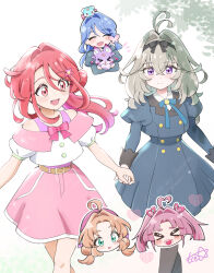  5girls :d akechi_anna antenna_hair belt black_hairband blue_dress blue_hair blue_jacket blue_ribbon bow bow_hairband bowtie brown_belt collared_dress commentary_request creature creature_on_head cropped_jacket crossed_bangs dress europa_715 fairy_(precure) flower grey_hair hair_between_eyes hair_bun hair_flower hair_intakes hair_ornament hairband highres holding holding_creature holding_hands howa_kurea jacket juliet_sleeves karin_(precure) kobayashi_mikuru long_hair long_hair_between_eyes long_sleeves makoto_mirai_academy_high_school_uniform mashu-tan medium_hair meitantei_precure! moria_luluka multiple_girls neck_ribbon pink_eyes pink_hair pink_skirt precure puffy_sleeves red_bow red_bowtie ribbon school_uniform shirt shushu-tan side_ponytail single_side_bun skirt smile undershirt violet_eyes white_shirt 