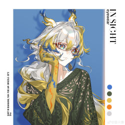  1girl absurdres alternate_costume aqua_eyes arknights blue_background breasts casual closed_mouth collarbone colored_extremities commentary dragon_girl dragon_horns earrings eastern_dragon_horns english_text eyeliner fan_mu_zhang glasses gradient_hair green_shirt grey_hair hair_between_eyes hair_intakes hair_ornament hair_stick half_updo head_on_hand head_rest highres horns jewelry long_hair long_sleeves looking_to_the_side makeup multicolored_hair orange_eyeliner pointy_ears red-framed_eyewear shirt shu_(arknights) small_breasts smile solo untranslatable_commentary upper_body very_long_hair watermark weibo_username weibo_watermark yellow_hands 