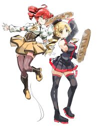 2girls ^_^ absurdres ahoge baguette beret black_boots black_hat blonde_hair boots bread breasts closed_eyes commentary corset cosplay costume_switch crossover detached_sleeves drill_hair eating food full_body gem grey_boots grey_shirt grey_skirt hairstyle_connection hat highres holding_bread kasane_teto kasane_teto_(cosplay) kasane_teto_(utau) knee_boots looking_at_viewer magical_girl mahou_shoujo_madoka_magica mahou_shoujo_madoka_magica_(anime) mp777b multiple_girls orange_gem pleated_skirt puffy_short_sleeves puffy_sleeves red_hair shirt short_sleeves simple_background skirt sleeveless sleeveless_shirt soul_gem_(madoka_magica) striped_clothes striped_thighhighs thigh_boots thighhighs tomoe_mami tomoe_mami_(cosplay) tomoe_mami_(magical_girl) twin_drills utau white_background white_shirt yellow_eyes yellow_skirt