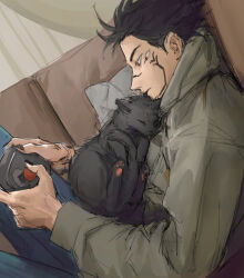  1boy absurdres animal black_cat black_hair cat denim extra_eyes facial_tattoo fushiguro_megumi highres hood hood_down hoodie jeans jujutsu_kaisen male_focus pants red_eyes short_hair sitting solo tattoo woshihedawei 