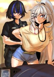  2girls absurdres alternate_costume black_eyes black_hair black_pants black_shirt blue_shorts blue_streaks closed_mouth daffodill_(nte) hair_ornament hairclip high_ponytail highres holster long_hair looking_at_viewer multicolored_hair multiple_girls neverness_to_everness pants police police_uniform policewoman ponytail shinkaisoku shirt shorts streaked_hair thigh_holster very_long_hair violet_eyes white_hair yellow_shirt zankou_(nte) 