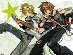  absurdres alternate_costume baggy_pants belt black_belt black_jacket black_pants black_shirt black_tank_top blonde_hair blue_eyes blush bracelet brown_hair commentary cross cross_necklace earrings electric_guitar feet_out_of_frame fur-trimmed_jacket fur_trim grey_pants guitar hair_between_eyes highres holding holding_guitar holding_instrument holding_microphone_stand instrument jacket jacket_partially_removed jewelry kingdom_hearts kingdom_hearts_ii looking_at_viewer male_underwear microphone_stand midriff_peek moomusapi multiple_rings necklace open_mouth pants parted_lips playing_guitar playing_instrument print_shirt red_male_underwear ring roxas shirt shirt_under_shirt singing single_bare_shoulder sora_(kingdom_hearts) spiky_hair studded_bracelet studs tank_top torn_clothes torn_pants underwear untranslatable_commentary 