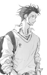  1boy absurdres adam's_apple alternate_costume backpack bag closed_mouth commentary dress_shirt earrings extra_eyes facial_tattoo from_side greyscale highres jewelry jujutsu_kaisen male_focus monochrome ryoumen_sukuna_(jujutsu_kaisen) school_uniform shirt short_hair simple_background sleeves_pushed_up solo sweater tattoo untranslatable_commentary upper_body white_background woshihedawei 